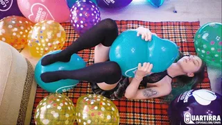 Q205 Sexy Leya in lingerie sensually pops many balloons with fingers