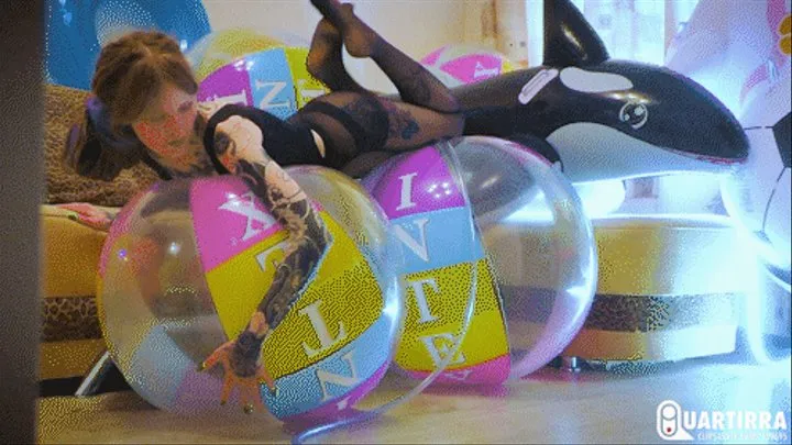 Q175 Leya watches Ava riding and pumping to pop two big beachballs