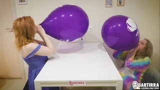 Q14 Blowing two 16'' balloons to pop together in the kitchen