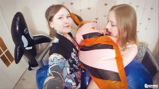 Q586 Ava and Kira blow up, ride and deflate Nemo
