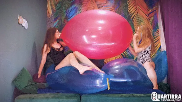 Q841 Cosette and Mariette blow to pop big double-valved balloon