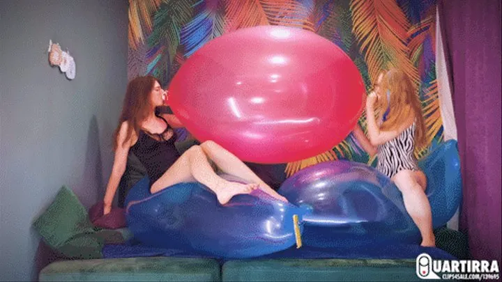 Q841 Cosette and Mariette blow to pop big double-valved balloon