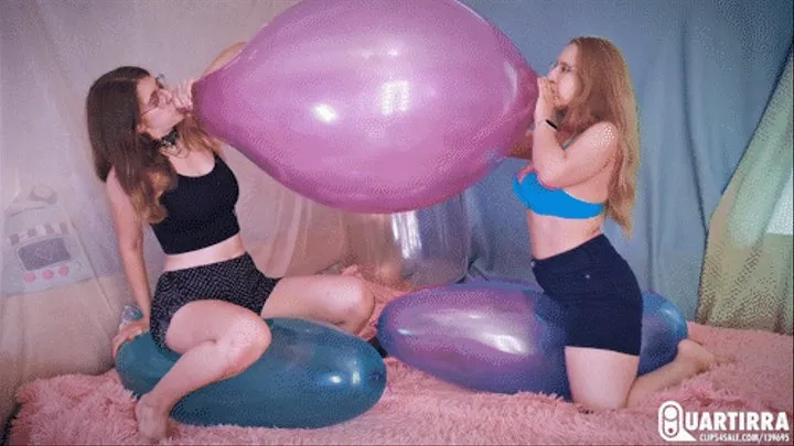 Q744 Mariette and Cosette blow to pop two big double-valved balloons