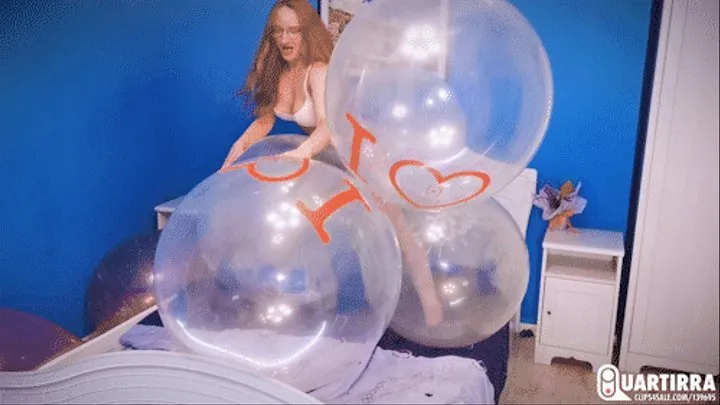 Q761 Mariette in sexy white lingerie rides and pops big clear balloons