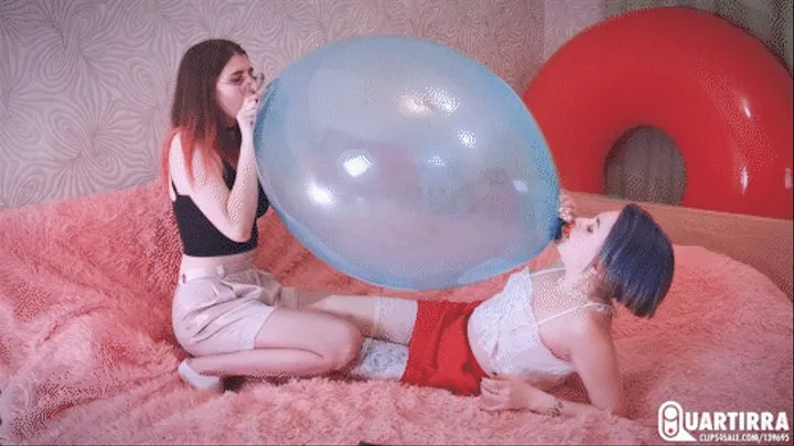 Q716 Cosette and Stashia blow to pop two double valved balloons