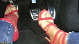 Driving, Cranking and Pedal Pumping in my ALDO Red Suede Strappy High Heel Sandals