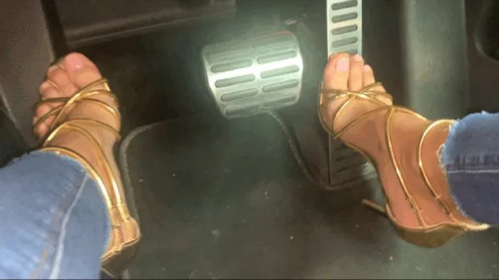 Powerful & Sexy Driving & Pedal Pumping in Gold Leather Strappy Stiletto Heeled Goddess Shoes (Automatic)