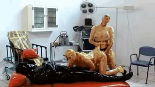 Heavy rubber threesome orgy with two latex nurses and her male patient - Part 1 of 2 - Blowjob and strap-on fucking