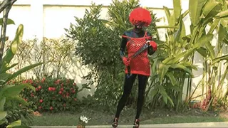 Black rubber latex doll with red sexy outfit and wig in the swimming pool