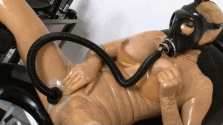 Big tits latex slut with gas mask at the gyno chair fucks her rubber condom pussy - Part 4 - heavy gas mask breath control and dildo fucking