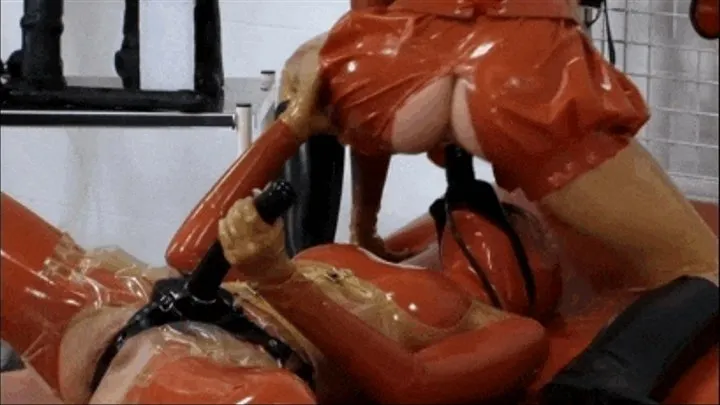 Perverted lesbian piss sluts in red latex outfits - Part 3 of 4 - Double strap-on fuck 1 of 2