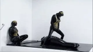 Fucking hot latex sluts in black catsuits and the encased gentleman in inflatable rubber napping bag - Part 1 of 3