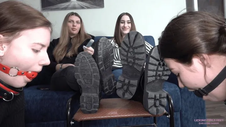 VALERIA and SARAH - Cruel couple and pathetic couple - Boots and socks domination - PART1