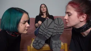 SARAH - Two nasty bitches clean my dusty boots and sweaty feet - Boot, socks and footdom