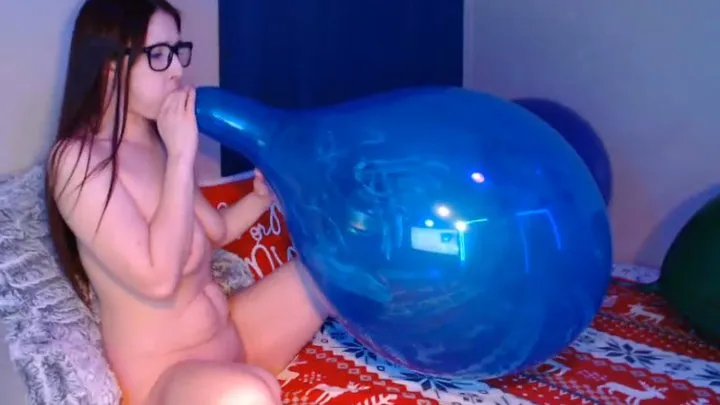 Blow to Pop, Wiping Cum On, and Licking 17-Inch Crystal Blue Balloon With Glasses (Public Show - 12-19-2019)