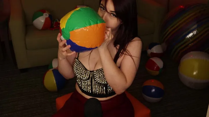 Blowing Beachballs in Spiked Corset Red Leather Pants Heels with ASMR