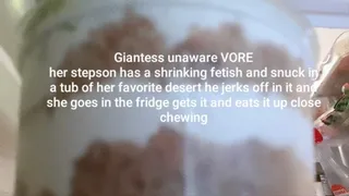 Giantess stepMommy unaware accidental VORE her stepson has a shrinking fetish and snuck in a tub of her favorite desert he jerks off in it and she goes in the fridge gets it and eats it up close chewing mkv