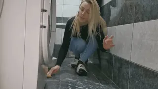 Cleaning wet bathroom floor in nylons CUSTOM