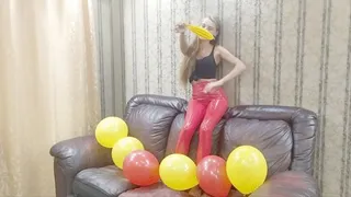 Leather sofa, red latex pants and a yellow balloon (b2p)