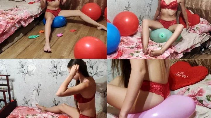 Sitting on the balloons in red bra and panties