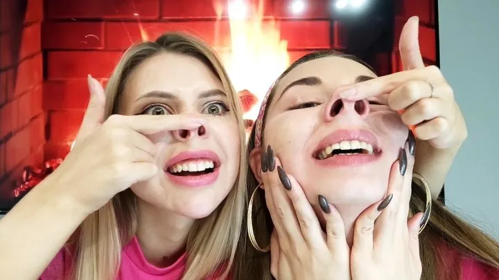 Nastya and Lucy make faces and show pig noses