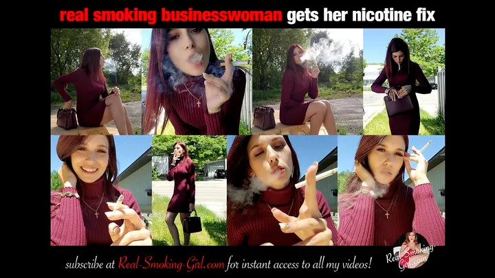 Real Smoking Businesswoman Gets Her Nicotine Fix (3 Cigarettes!)