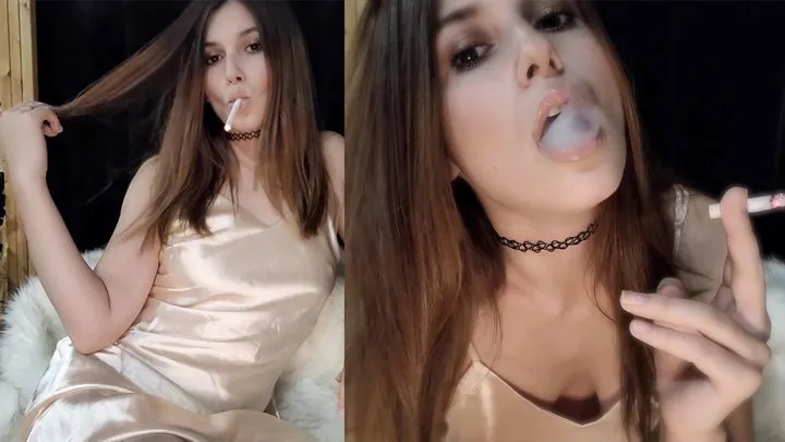 Sexy Girl in a Silk Nightgown Just Having Her Cigarette