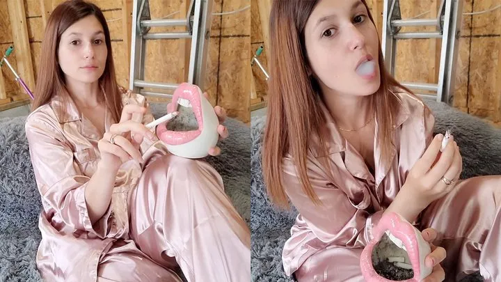 Beautiful Girl Smoking in Her Pink PJ's!