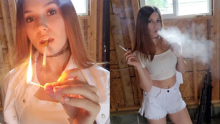 Pretty Girl in White Short-Shorts "Bitchy-Smoking" a Marlboro Red for You