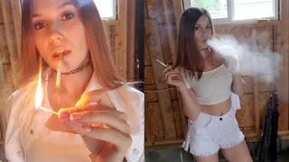 Pretty Girl in White Short-Shorts "Bitchy-Smoking" a Marlboro Red for You