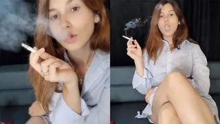 Leggy Girl Smoking in a Cute Shirtdress