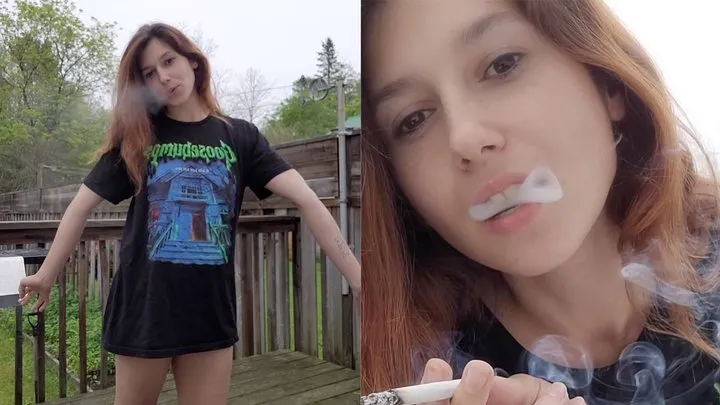 Cute Girl Smoking in Just a T-Shirt