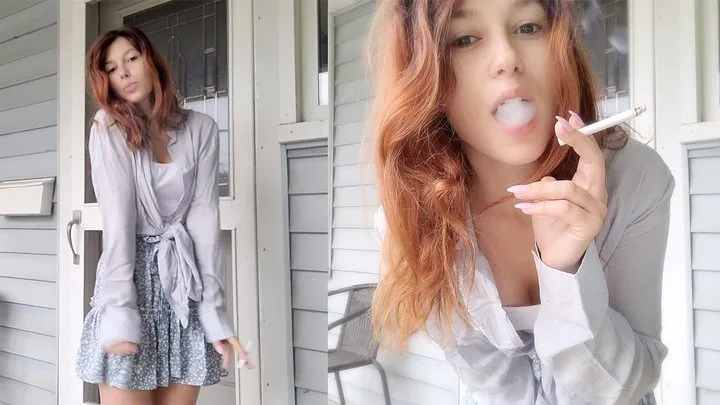 Wild Red Hair on a Gray Porch Smoking