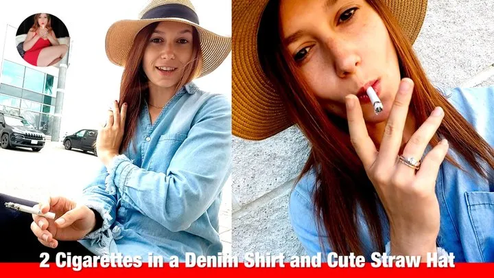 Smoking 2 in a Denim Dress and Straw Hat