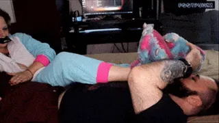 Little Tattooed Spacebrat In Onesie Sucks Cock and Gives Foot Smothering Handjob with a Huge Cumshot