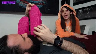 Bratty Girl in Onesie & Pigtails Gives Foot Smelling Handjob