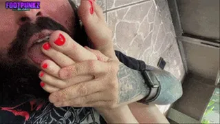 6'6" Amazon Blondi Gives a Sneaky Dirty Foot Smelling Handjob with Big Cumshot Outside
