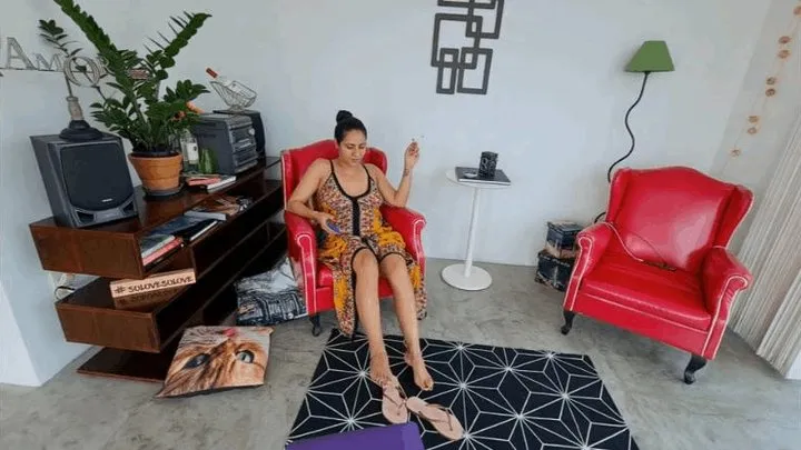 Goddess Kiffa - Foot slave is used as Ashtray footstool and is ignored - SMOKING - FOOT WORSHIP - FOOT DOMINATION - FOOT HUMILIATION - FLIP FLOPS - SOLES - CHASTITY - FOOT MASSAGE - FOOT IGNORED