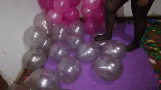 Stomp to pop silver balloons in pantyhose