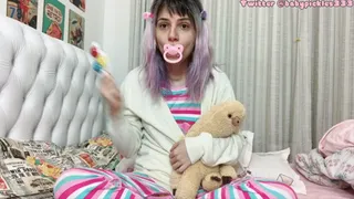 age regressed girl has milk, makes a mess on her diaper and cum