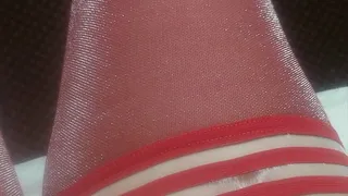 Shiny red thigh high play and snap