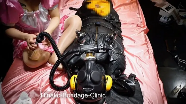 Satin Maid Puts Slave in a Leather Rest Sack and Rubber Mask