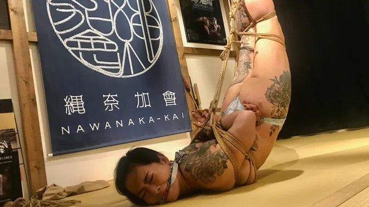 HBC X Kinbaku Work; Tattoed Japanese Girl Gets Tied in Rope Bondage And Hung By Her Ankles