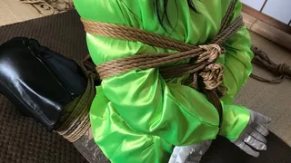 HBC X Kinbaku Work; Japanese Wearin Satin Blouse, Panties, Gloves, Leather Boots and Shiny Nylon Stockings Tied in Rope Bondage