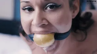 Calissa Bliss Hog cuffed with pantyhose and a huge ball gag with gag talk massive drool