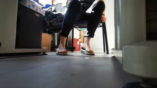 Barefoot - dangling - teasing under the desk in work with few coworkers in room