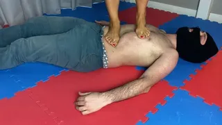 Warrior Amazon trampling and footgagging a loser after wrestling match