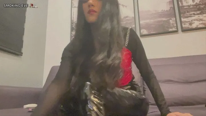 Snap inhales smoking in sexy shiny pvc vynil clothes