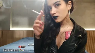 Black lungs, black lipstick! Eve power smoking a cork in leather jacket