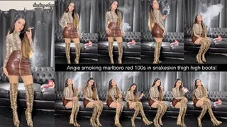 Angie smoking Marlboro Red 100s wearing a snakeskin thigh high boots, snakeskin top and snakeskin leather skirt!